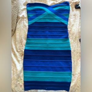 Body con striped blue strapless sweater dress, size small